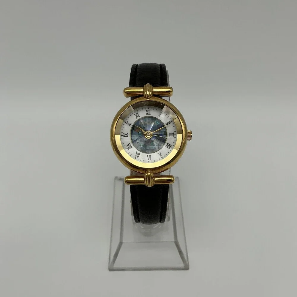 Vintage Fossil PC-7380 Women Watch 26mm Rivoli Crystal Black Leather New Battery